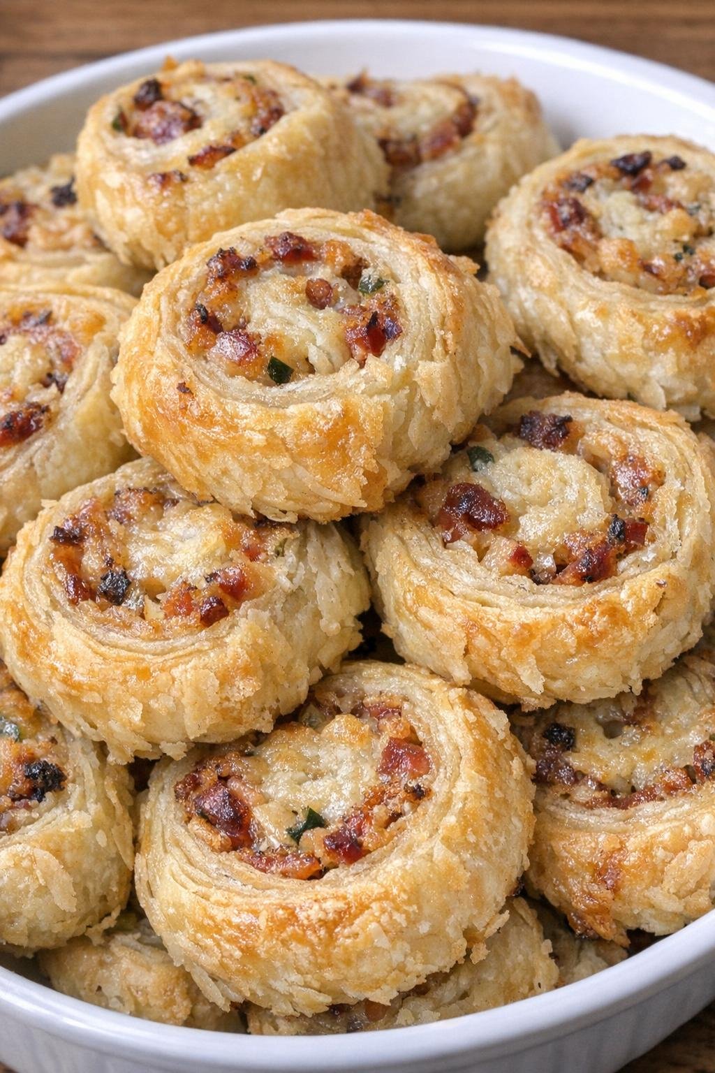 Golden flaky pastry pinwheels piled in a serving dish