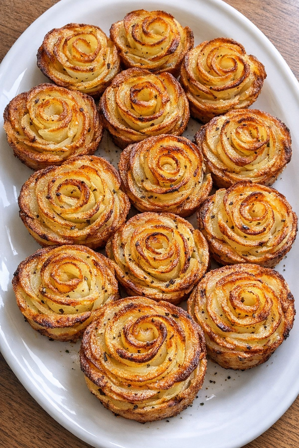 Golden crispy potato roses on a white oval platter
