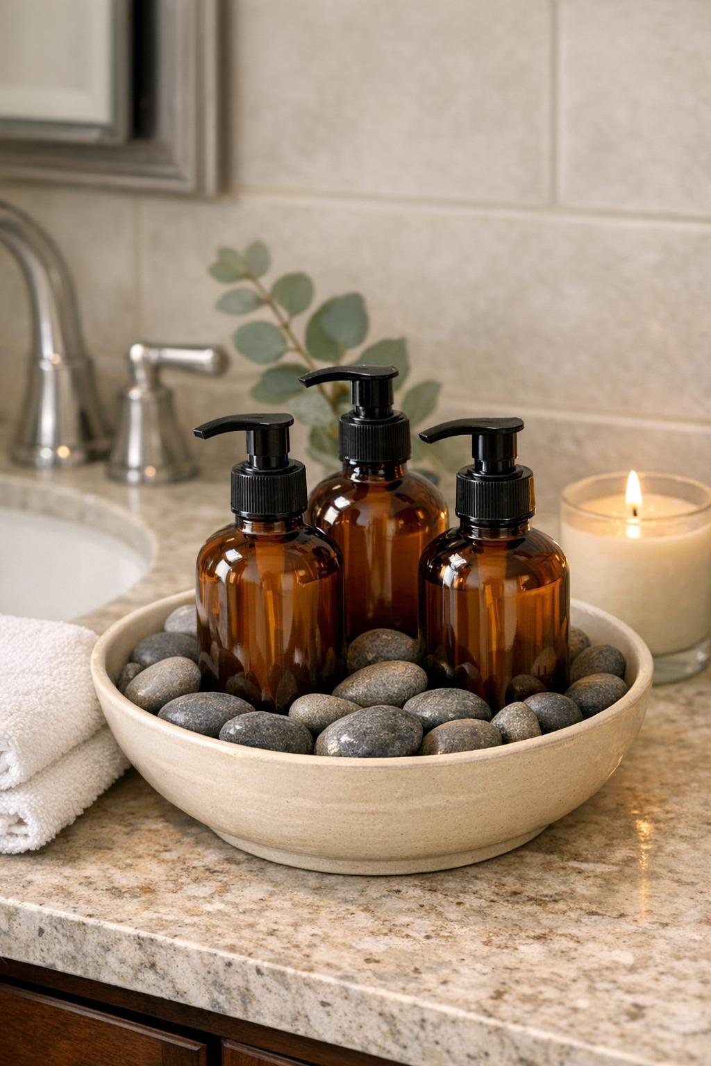 Finished amber pump bottle lotion display in a cream ceramic bowl with gray river stones