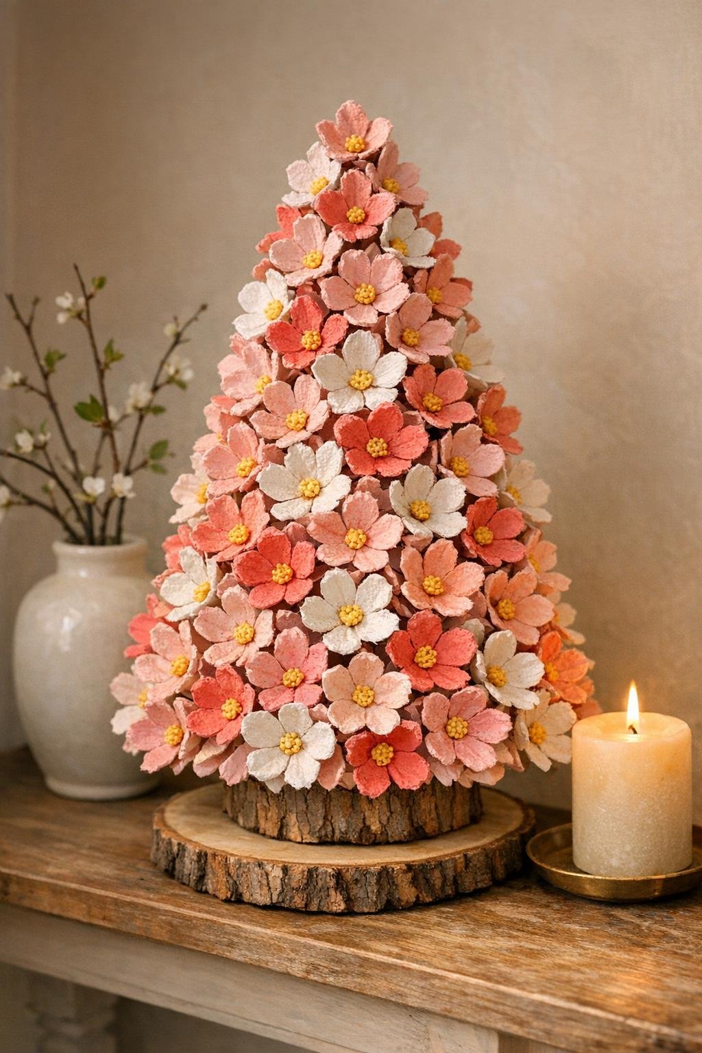 Finished egg carton blossom tree displayed on a styled tabletop