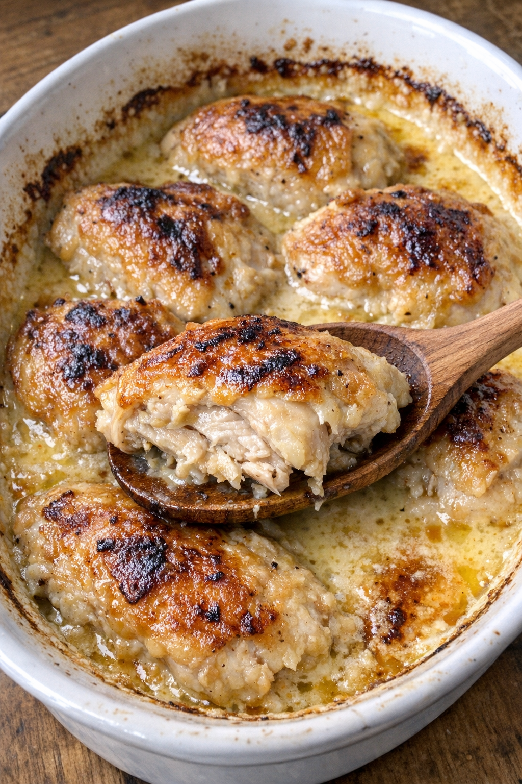 Golden brown chicken in creamy sauce in a white casserole dish