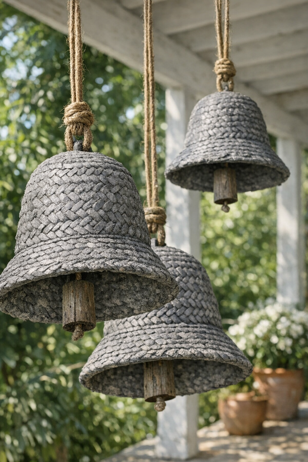 Finished heavy textured cement patio bells hanging outdoors