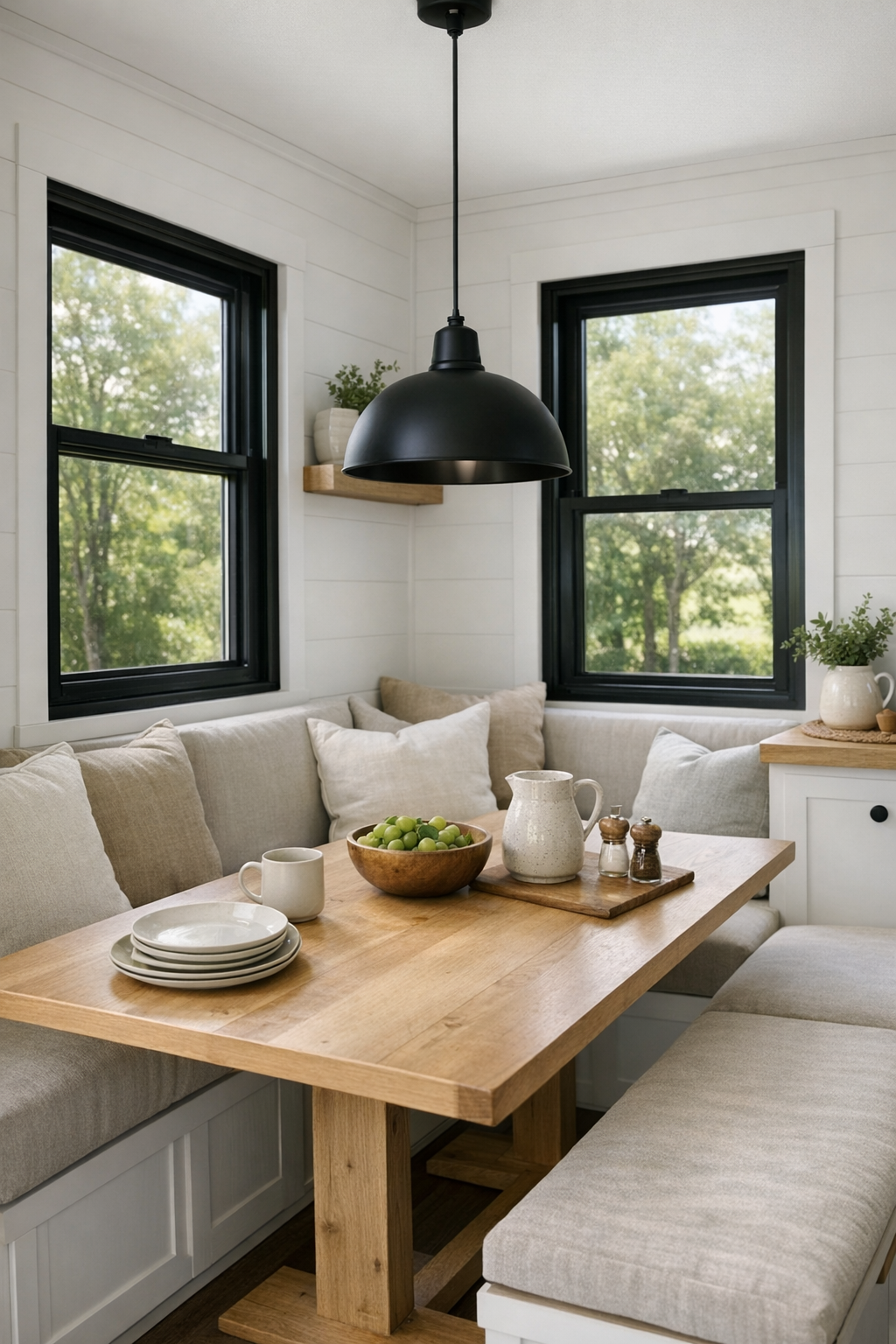 Cozy farmhouse dining nook with compact wood table, banquette seating, and black pendant lighting