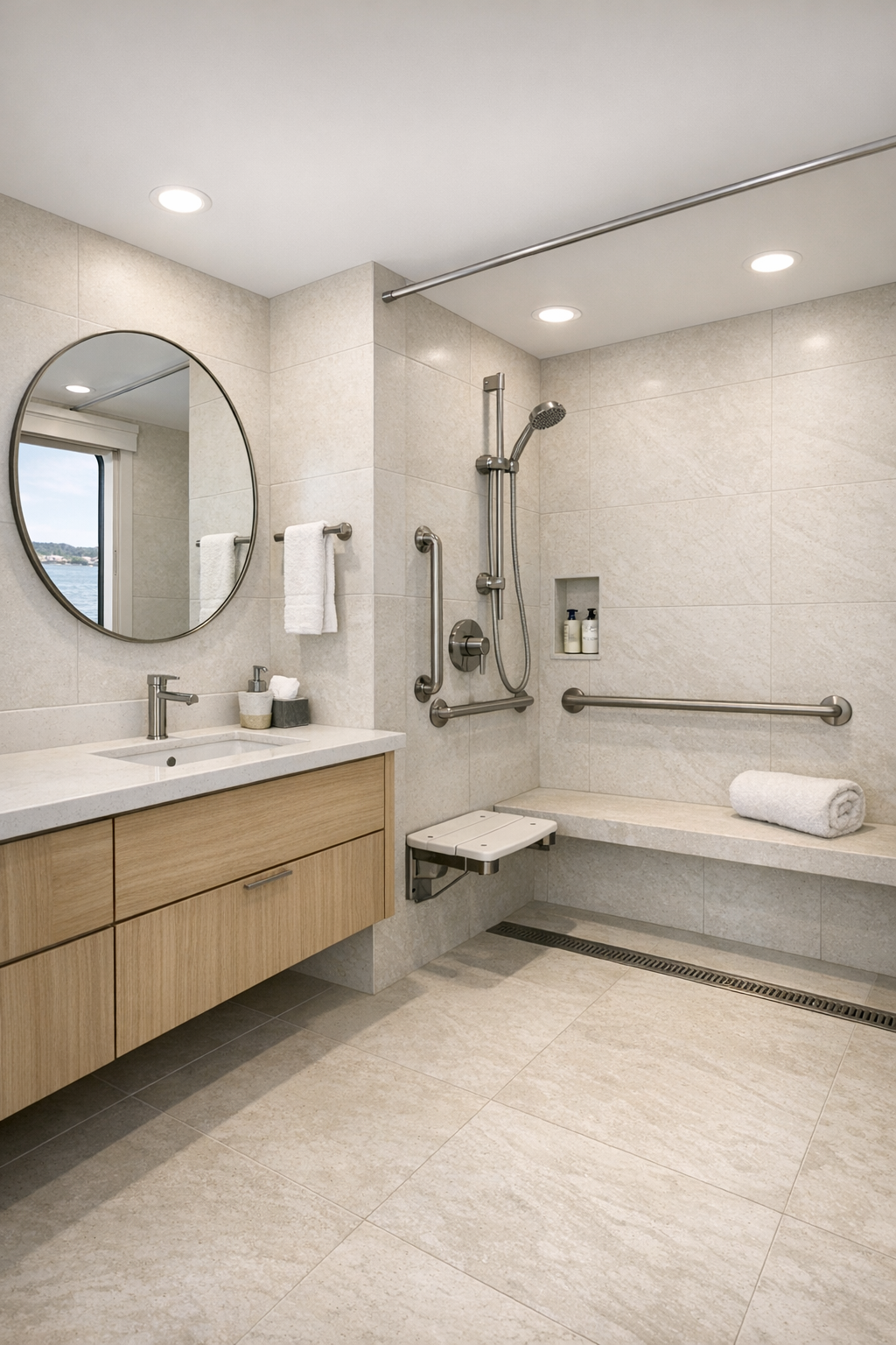 Spa-like accessible bathroom with a curbless shower, pale oak vanity, and soft stone finishes
