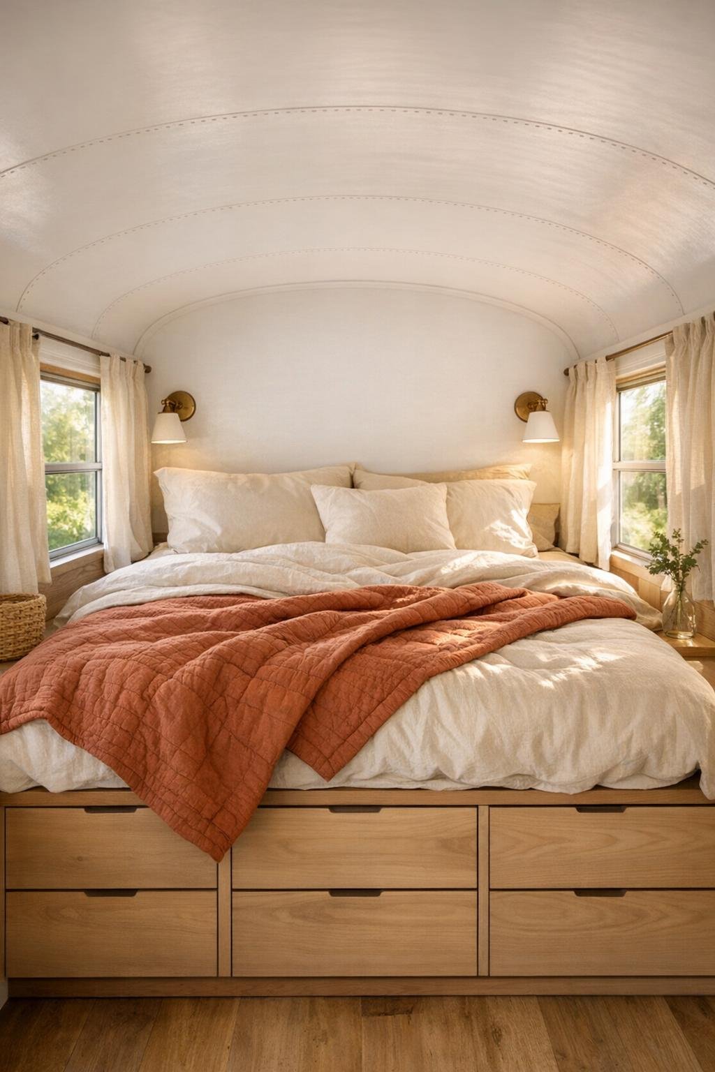Restful bus bedroom with built-in bed and soft neutral bedding