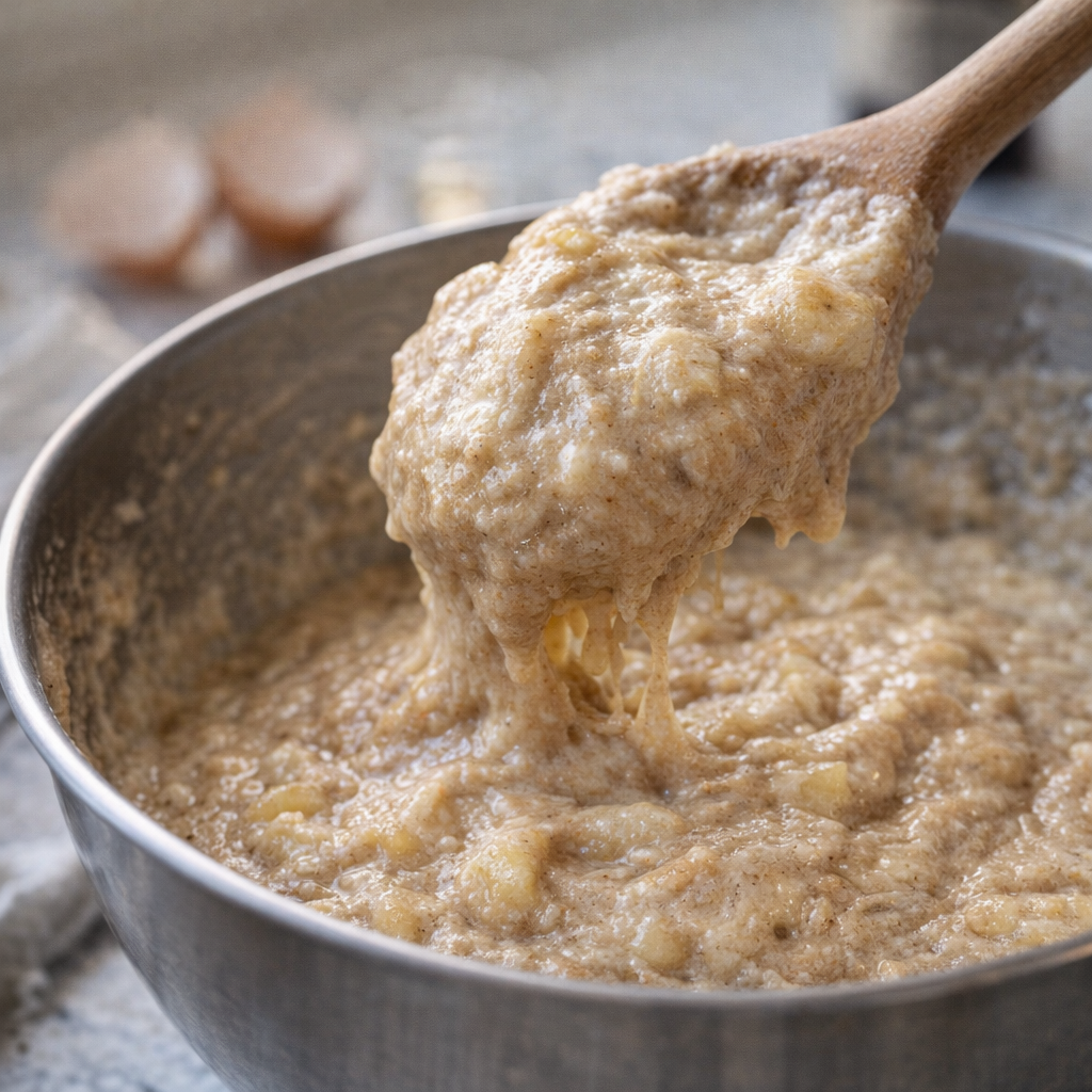 Banana loaf batter being mixed in a bowl