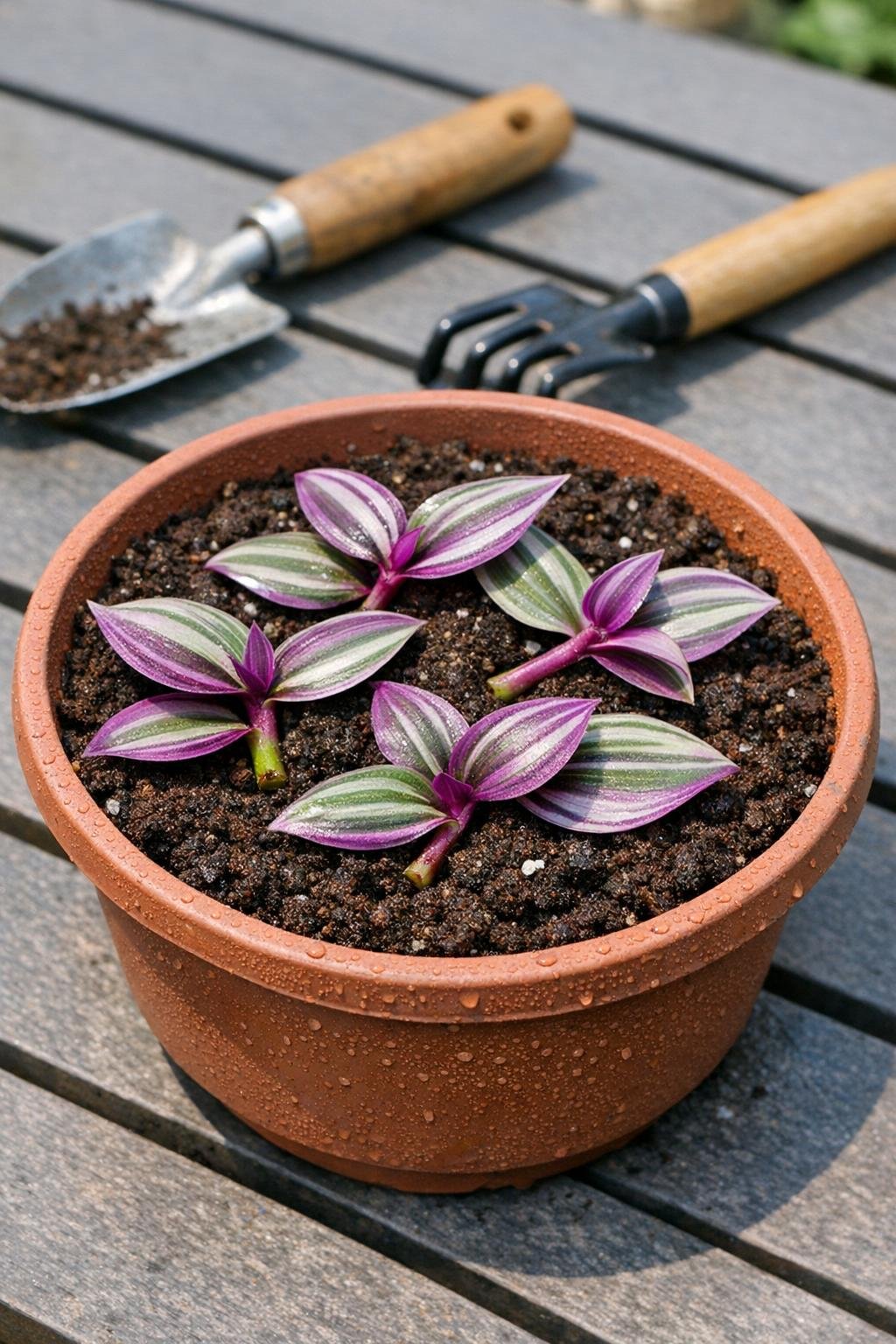 Tradescantia cuttings on moist potting mix