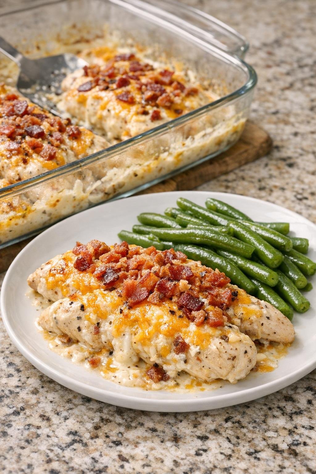 Finished crack chicken bake plated with creamy sauce, bacon, and cheddar