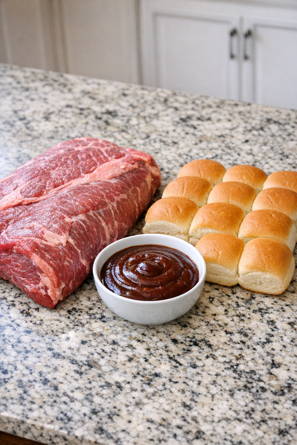 Beef brisket, barbecue sauce, and slider buns