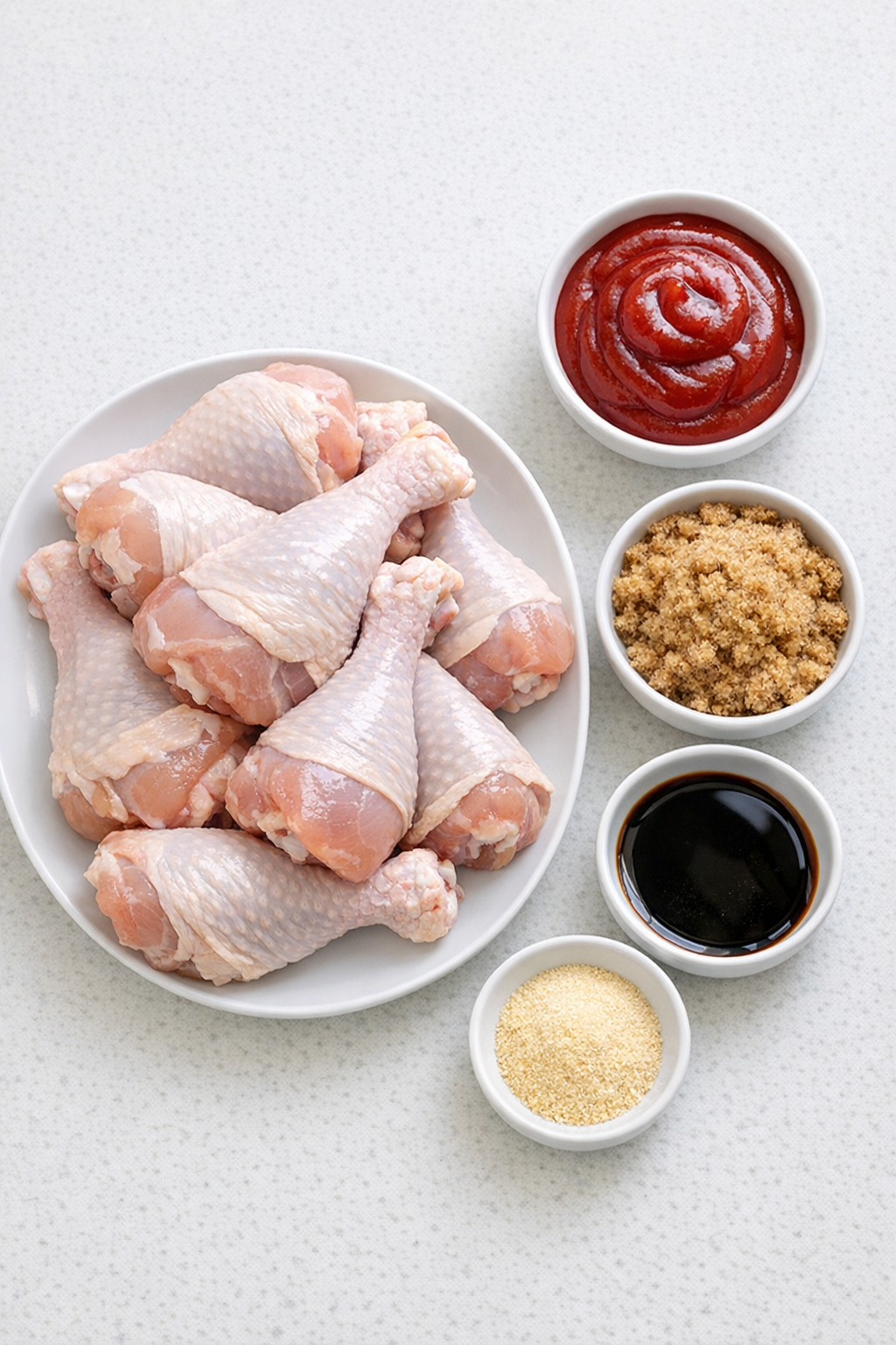 Chicken drumsticks and sauce ingredients laid out