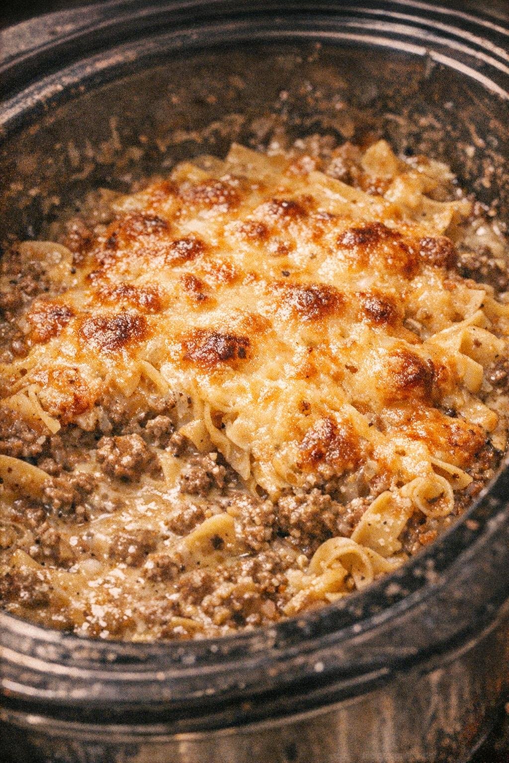 Hearty creamy beef mixture in a slow cooker