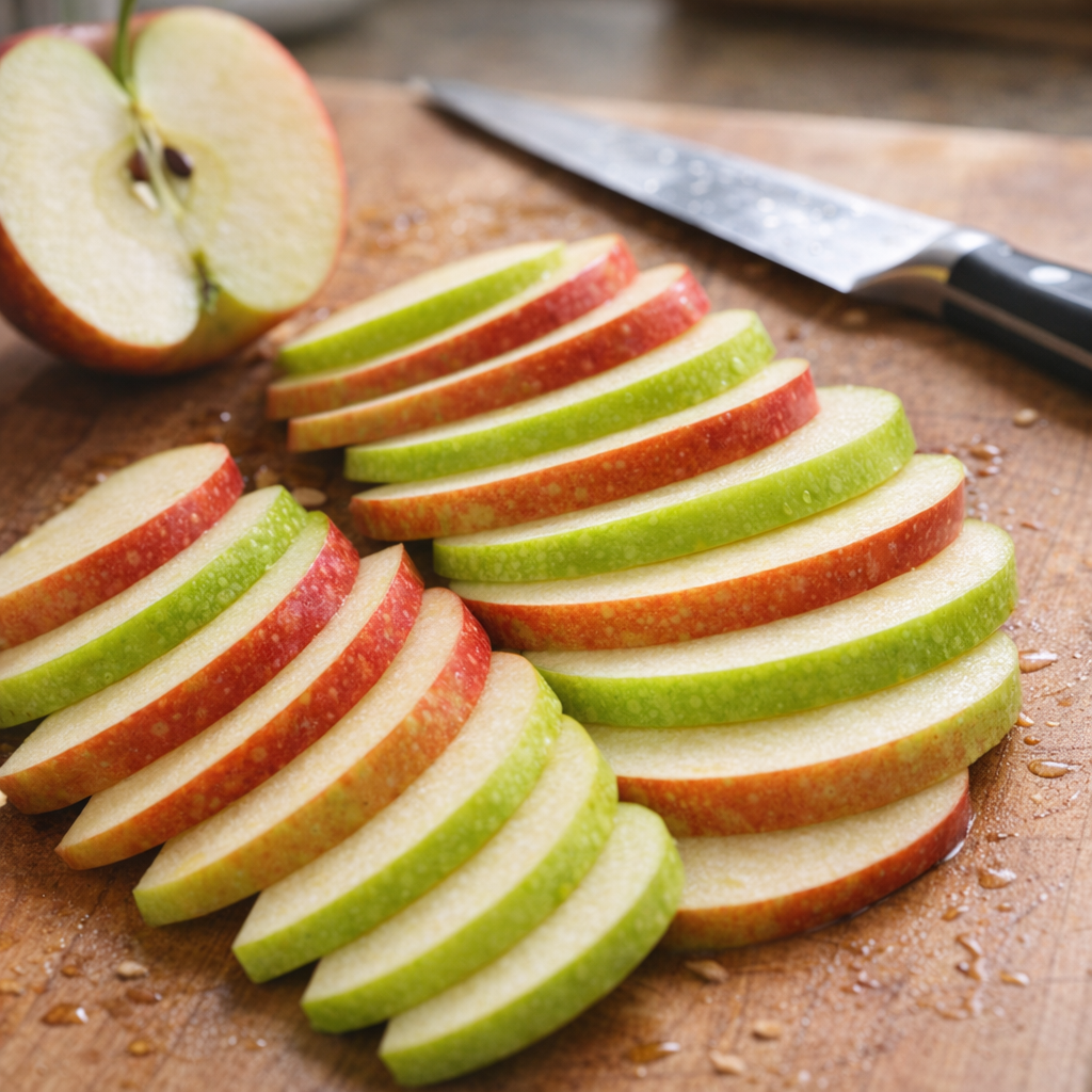 Thinly sliced apples on a cutting board during prep
