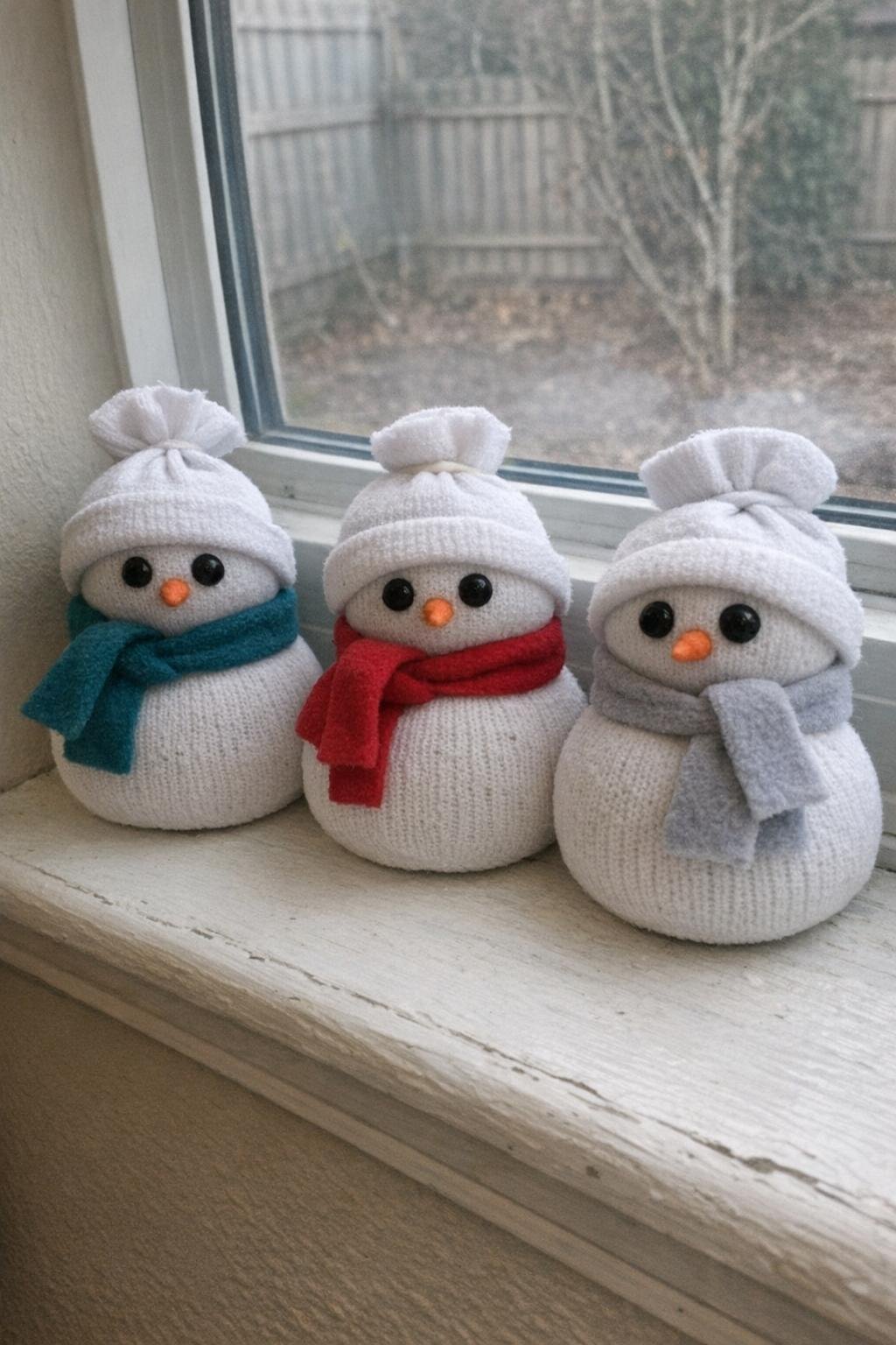 A family of white sock snowmen with scarves and button eyes