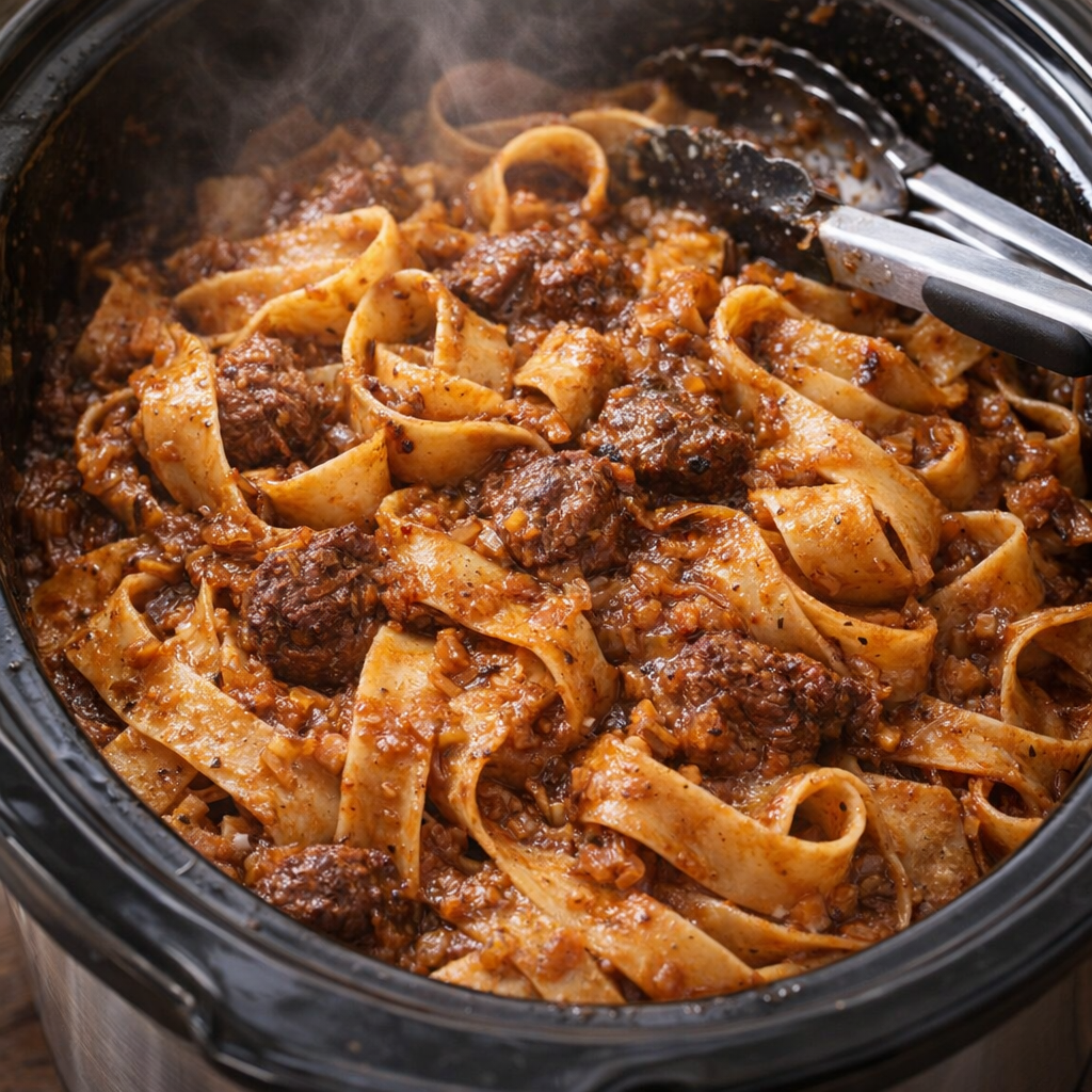 Slow cooker ribbon noodles coated in beefy onion gravy