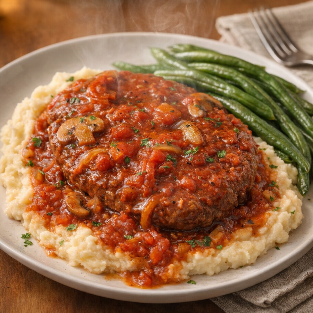 Plated Swiss steak over mashed potatoes