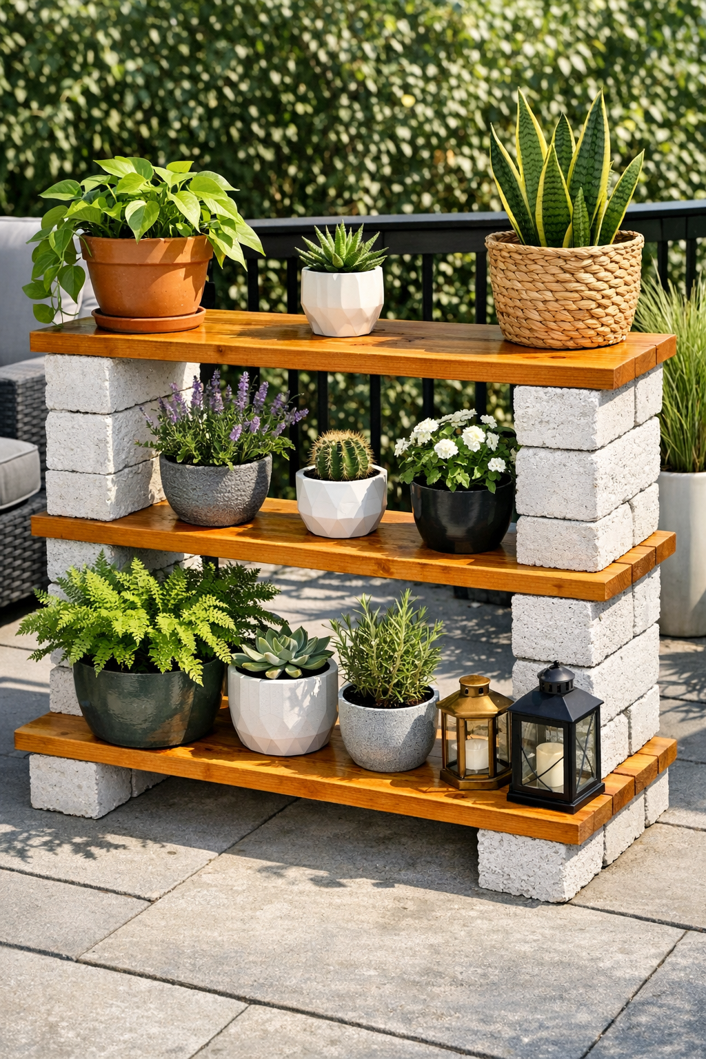 Finished patio plant shelf made with honey-stained pine planks and whitewashed concrete blocks