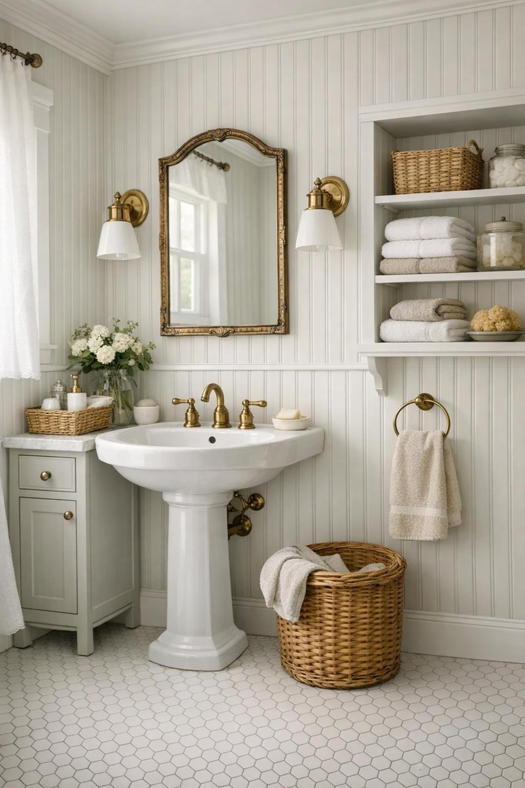 Classic cottage bathroom with beadboard walls and hex tile floor