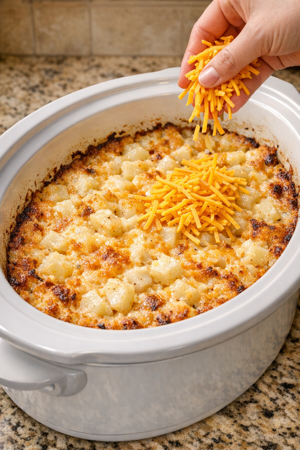 Cheddar being added to nearly finished hash brown casserole