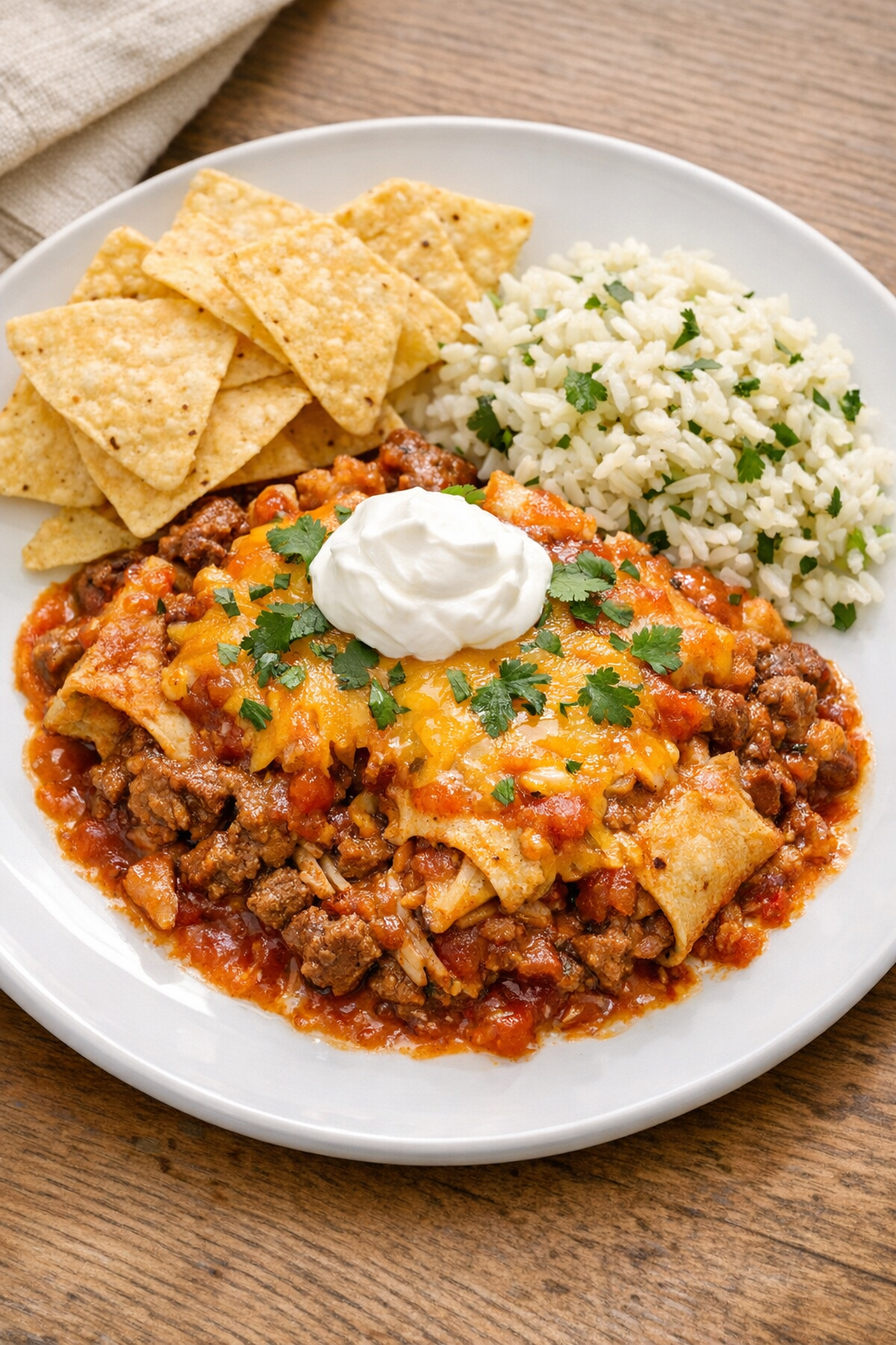 Finished slow cooker beef chimichanga casserole plated with toppings