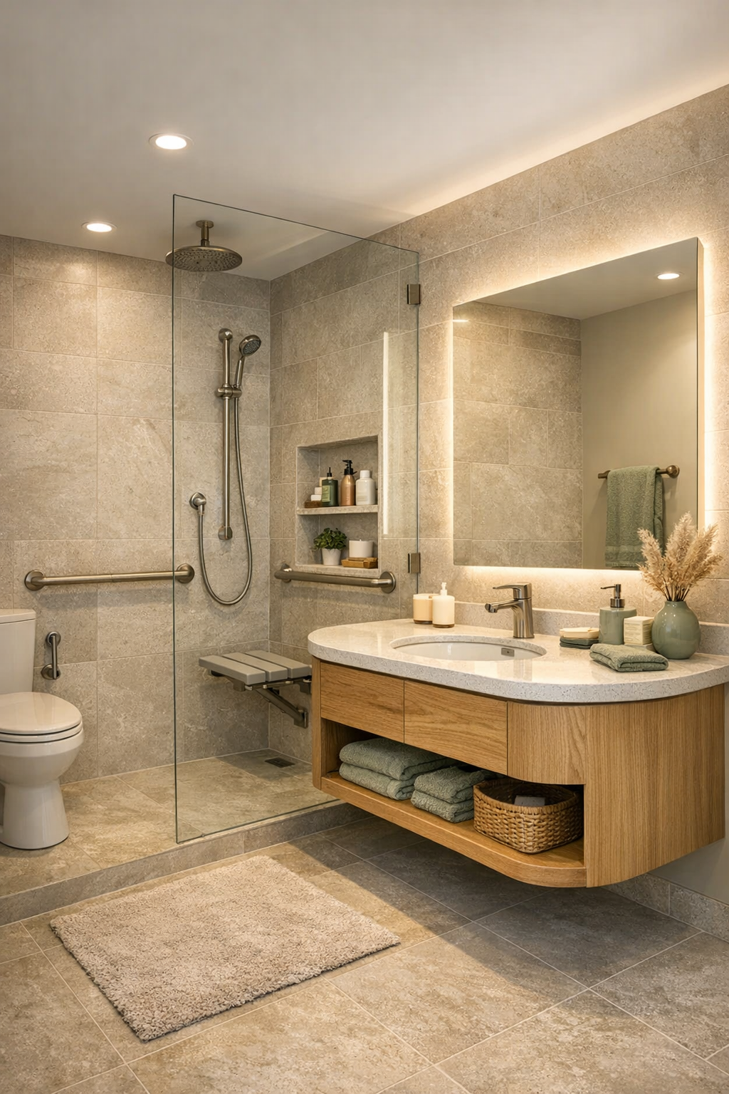 Accessible spa-like bathroom with curbless shower and oak vanity