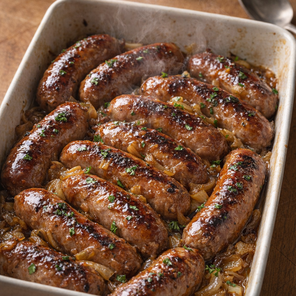 Tray of glossy honey garlic sausages fresh from the oven