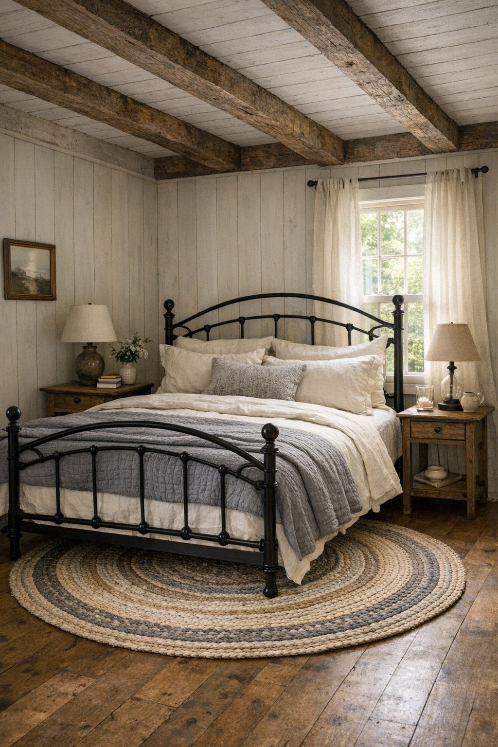 Peaceful cottage bedroom with iron bed and layered linens
