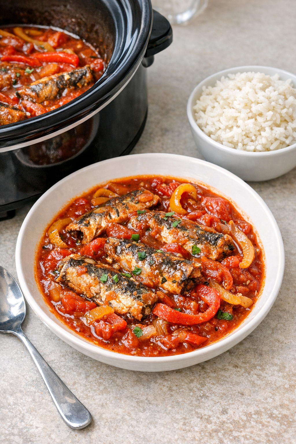 Finished slow cooker sardines in tomato sauce served in a shallow bowl