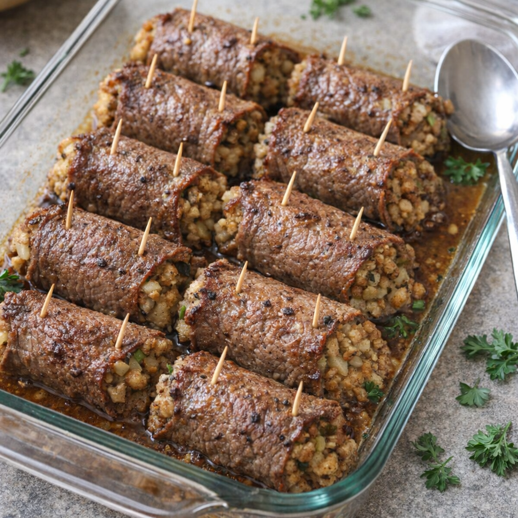 Glass baking dish of beef roll ups ready to serve