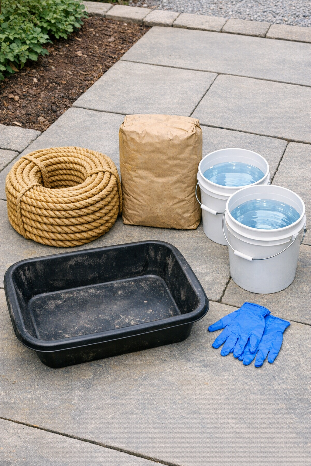 Materials for making cement-soaked manila rope patio borders laid out on a work surface