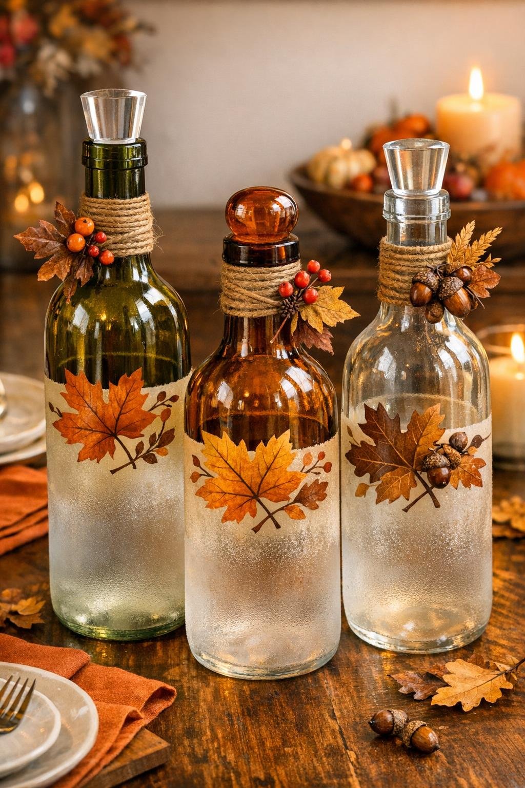 Finished three-piece autumn water carafe set made from old wine bottles