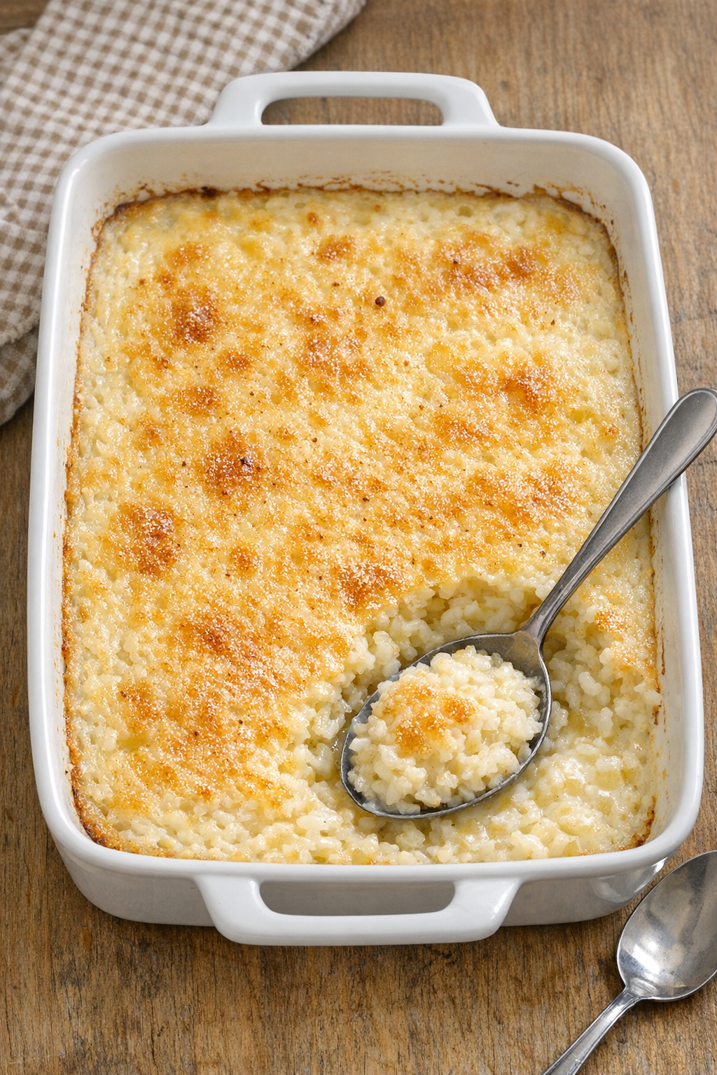 Finished baked rice dessert in a casserole dish
