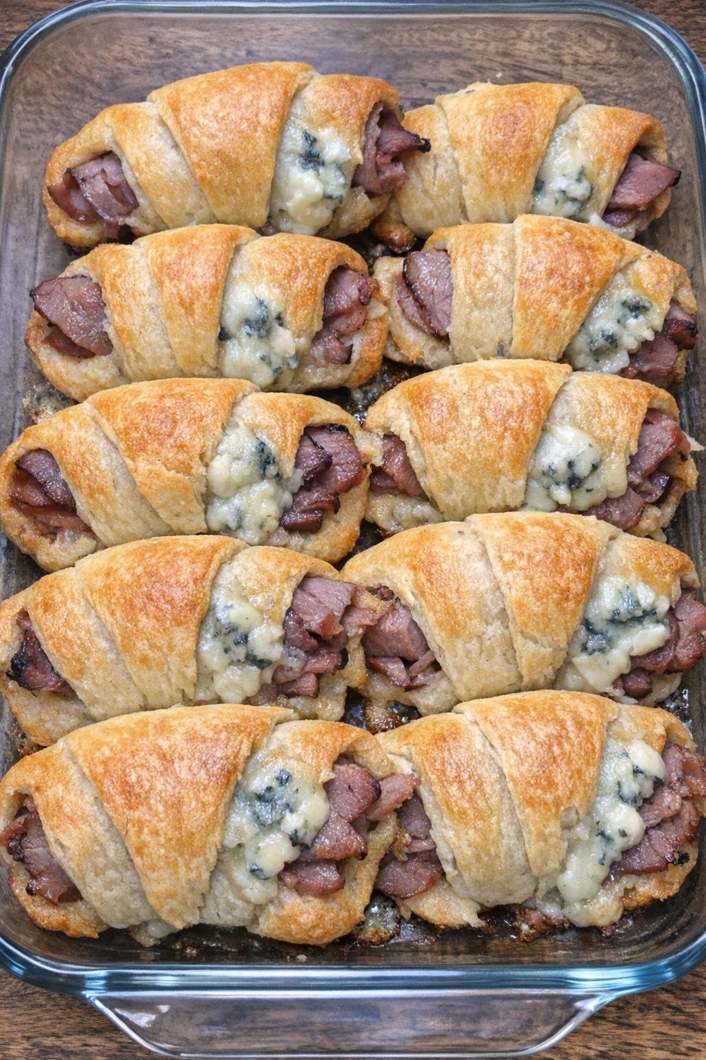 Flaky golden crescent rolls stuffed with roast beef and gorgonzola in a glass baking dish
