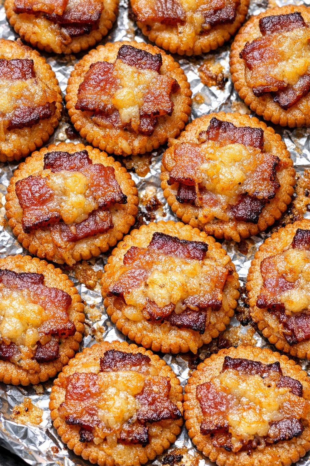 Southern 4-ingredient savory bacon pennies on a foil-lined baking tray