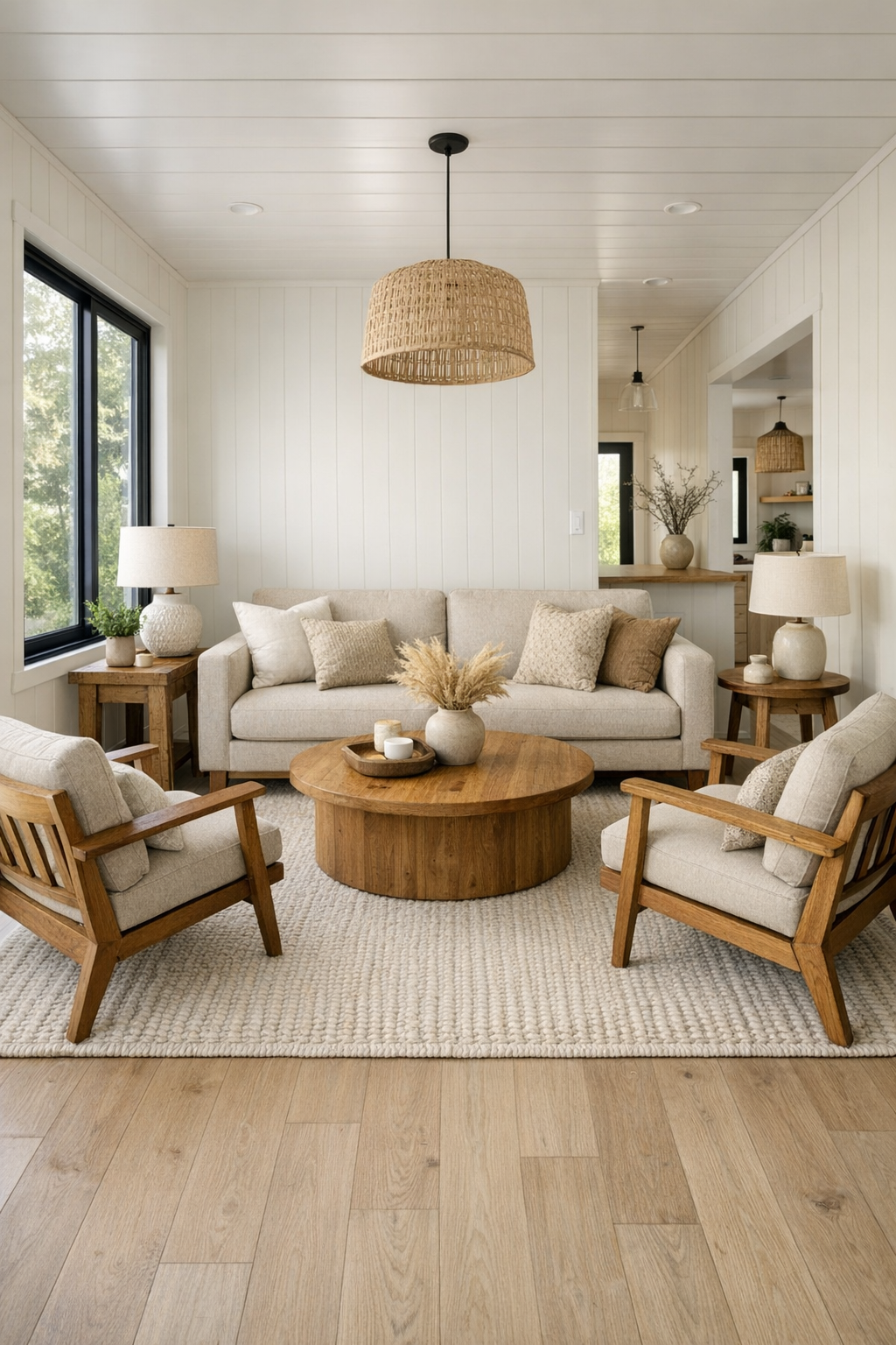Bright accessible living room with ivory walls, pale oak floors, and oatmeal seating