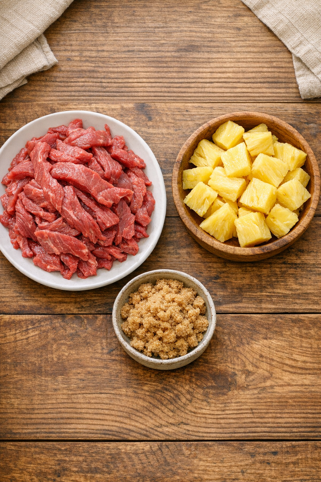 Beef strips, pineapple chunks, and brown sugar