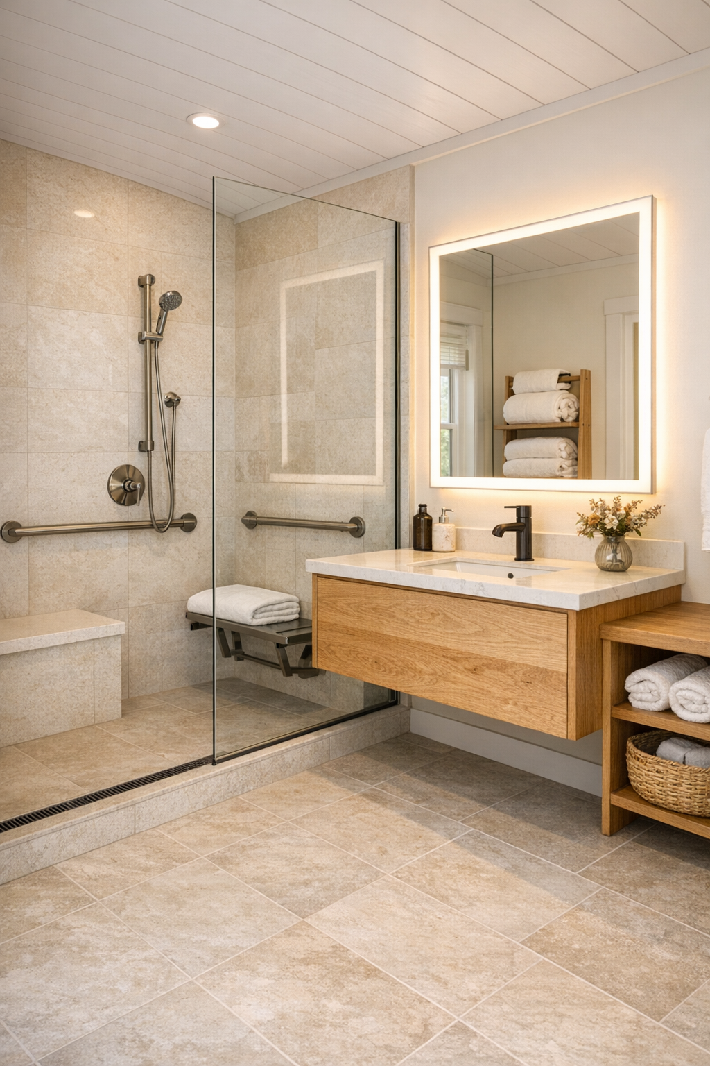 Bright accessible tiny home bathroom with roll-in shower and oak vanity