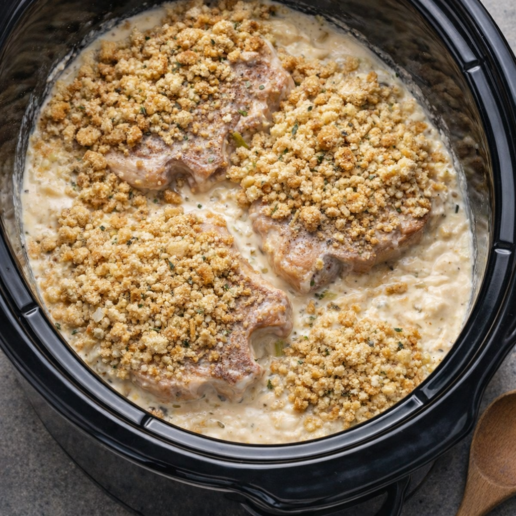 Stuffing mix layered over pork chops in slow cooker