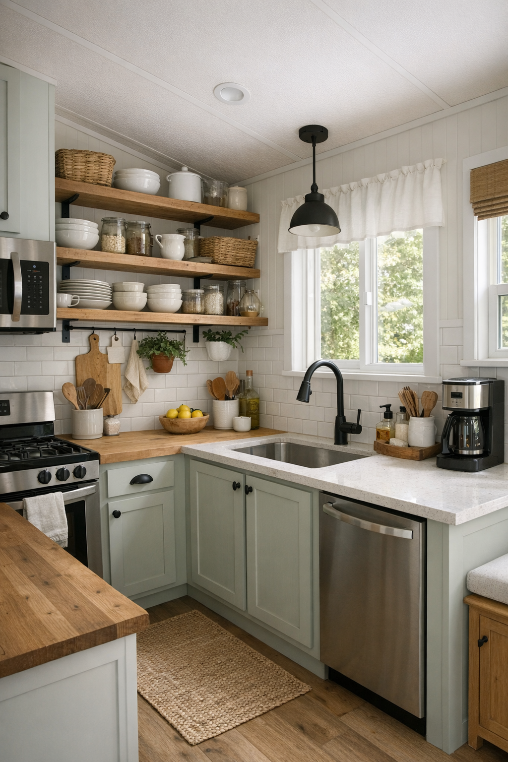 Bright cottage kitchen with painted cabinets, warm counters, and classic tile