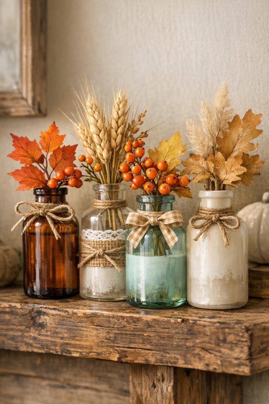 Finished set of four fall bud vases made from old medicine bottles