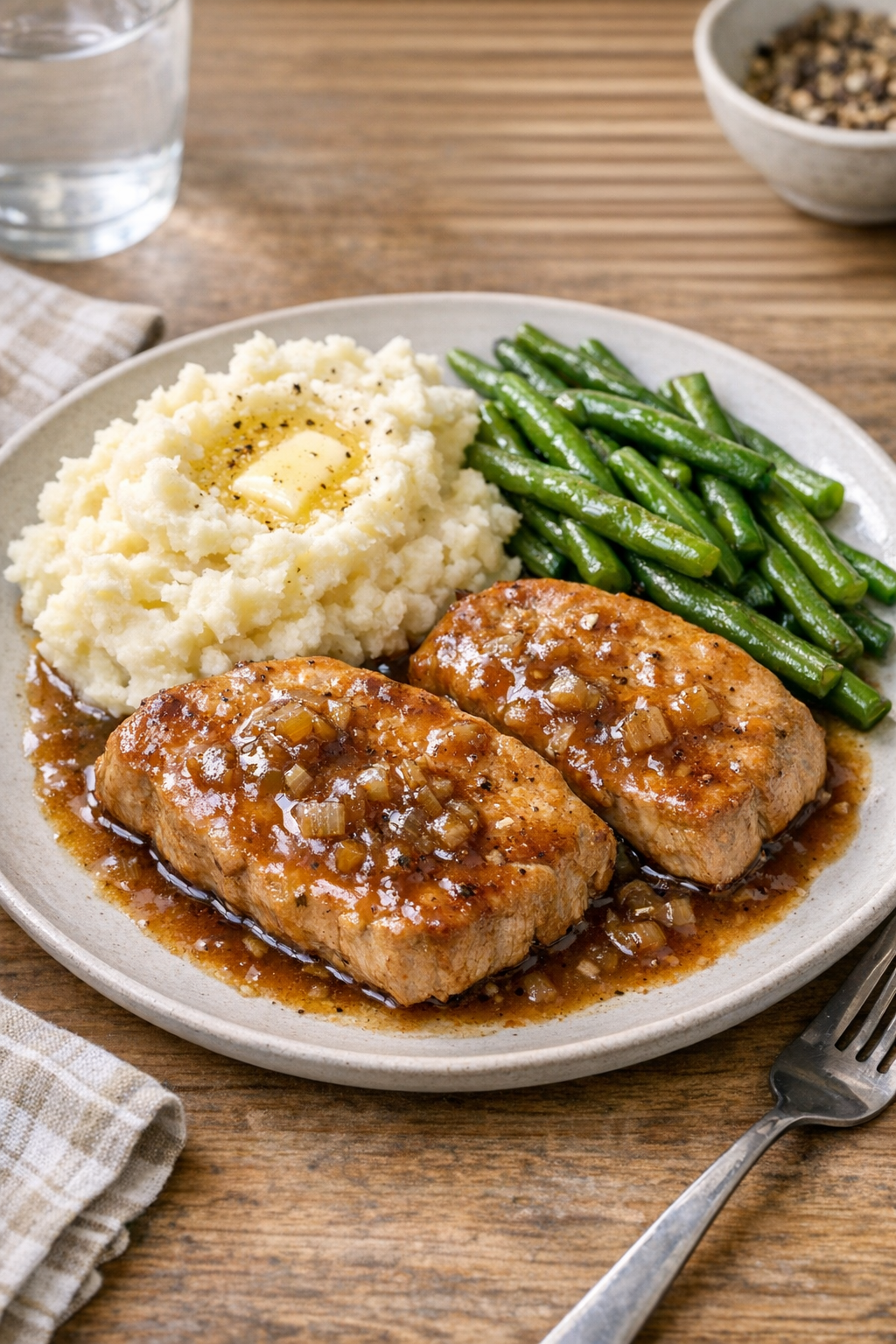 Finished slow cooker pork sirloin chops plated with sauce