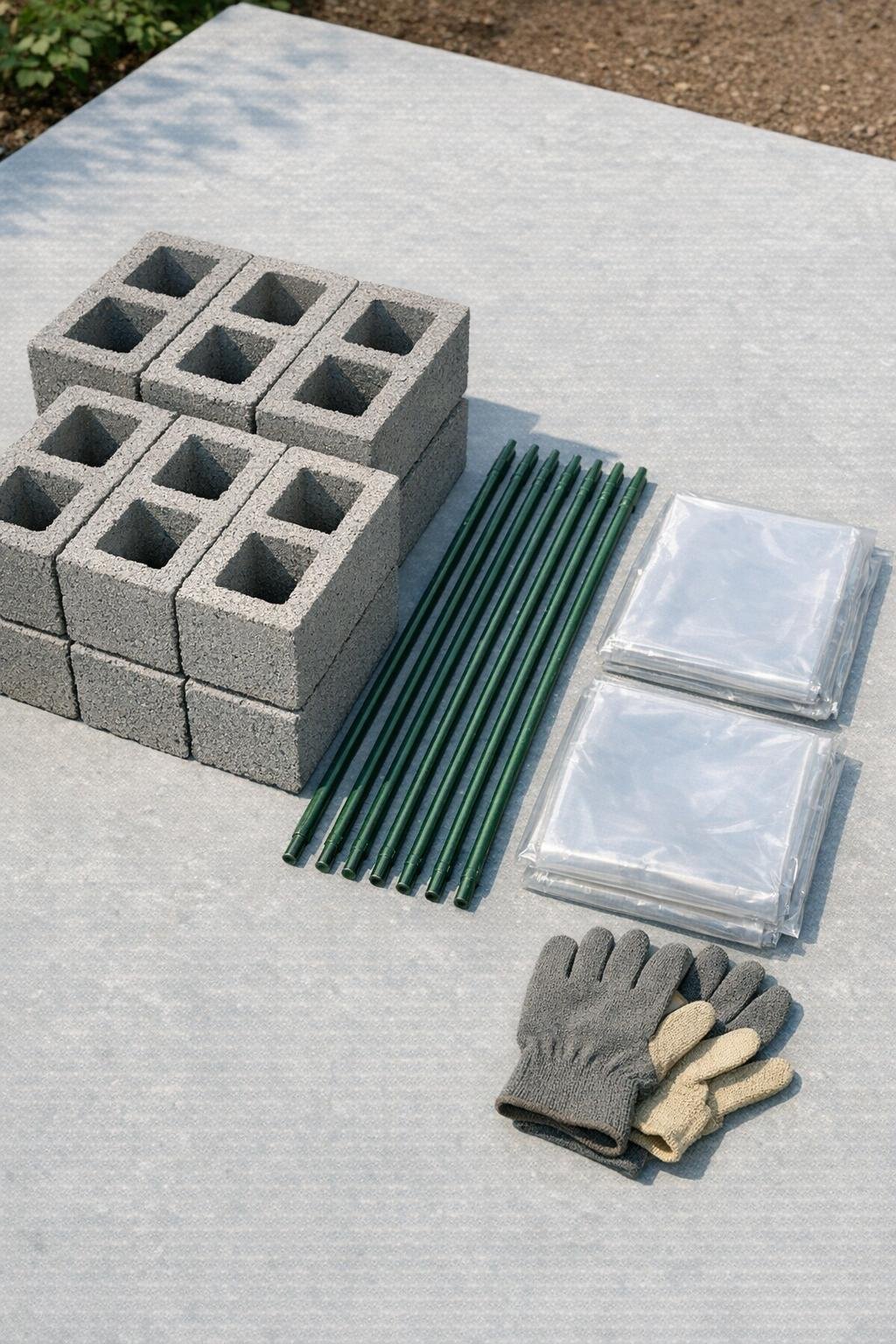 Cinder blocks, garden stakes, and clear plastic tablecloth laid out neatly