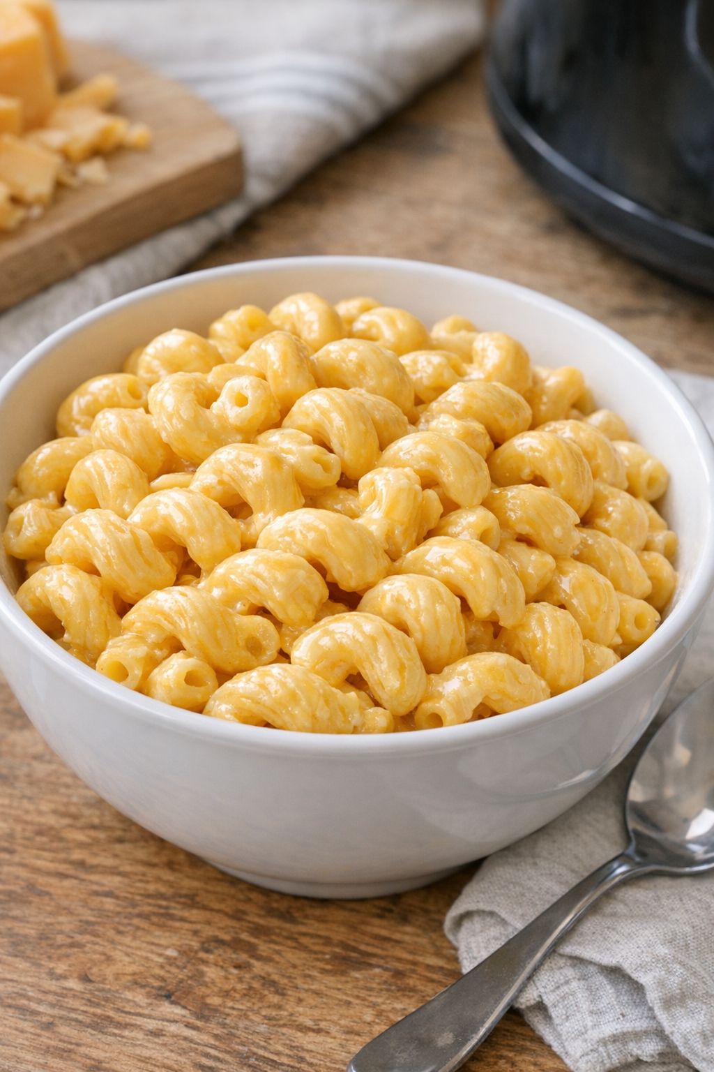 Creamy slow cooker cellentani mac and cheese in a serving bowl