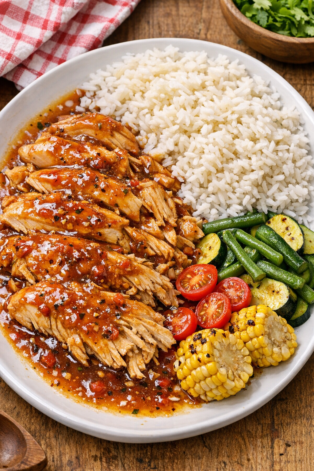 Finished plated slow cooker firework eve chicken with glossy sauce