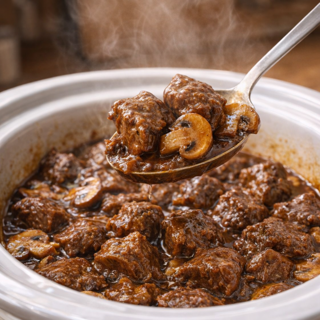 Cooked beef tips in glossy mushroom gravy