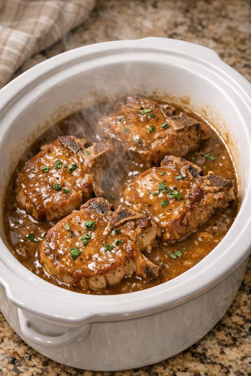 Cooked pork chops in slow cooker with rich gravy