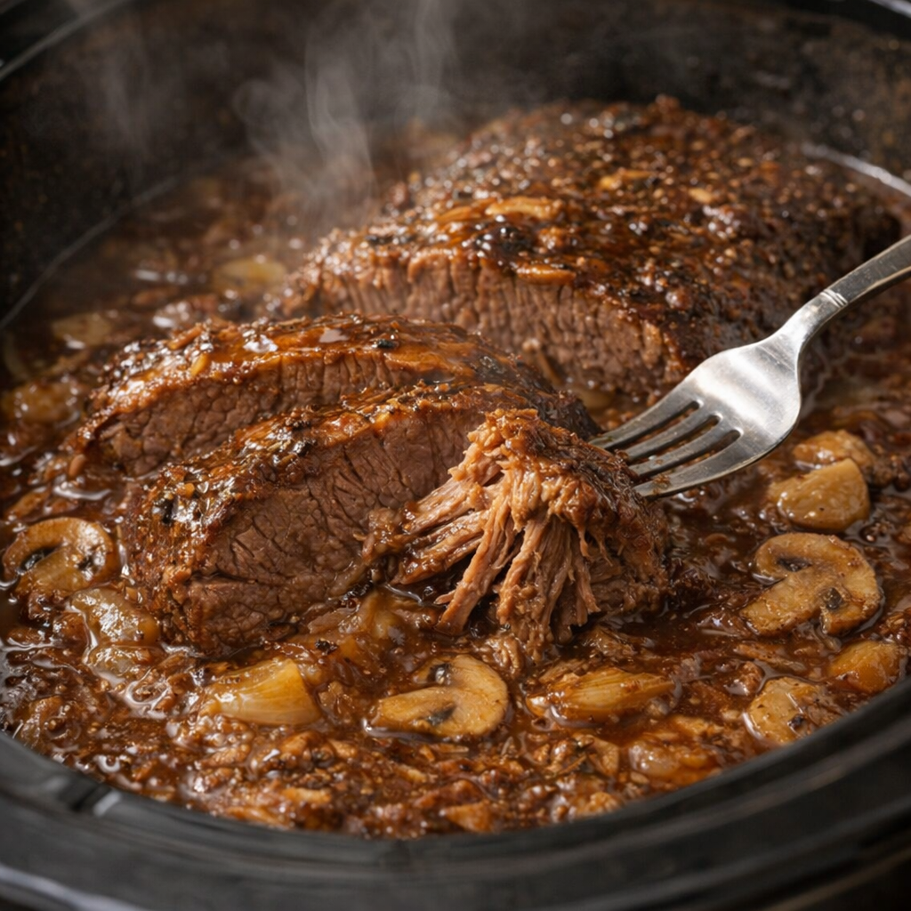 Cooked smothered beef with fork-tender texture