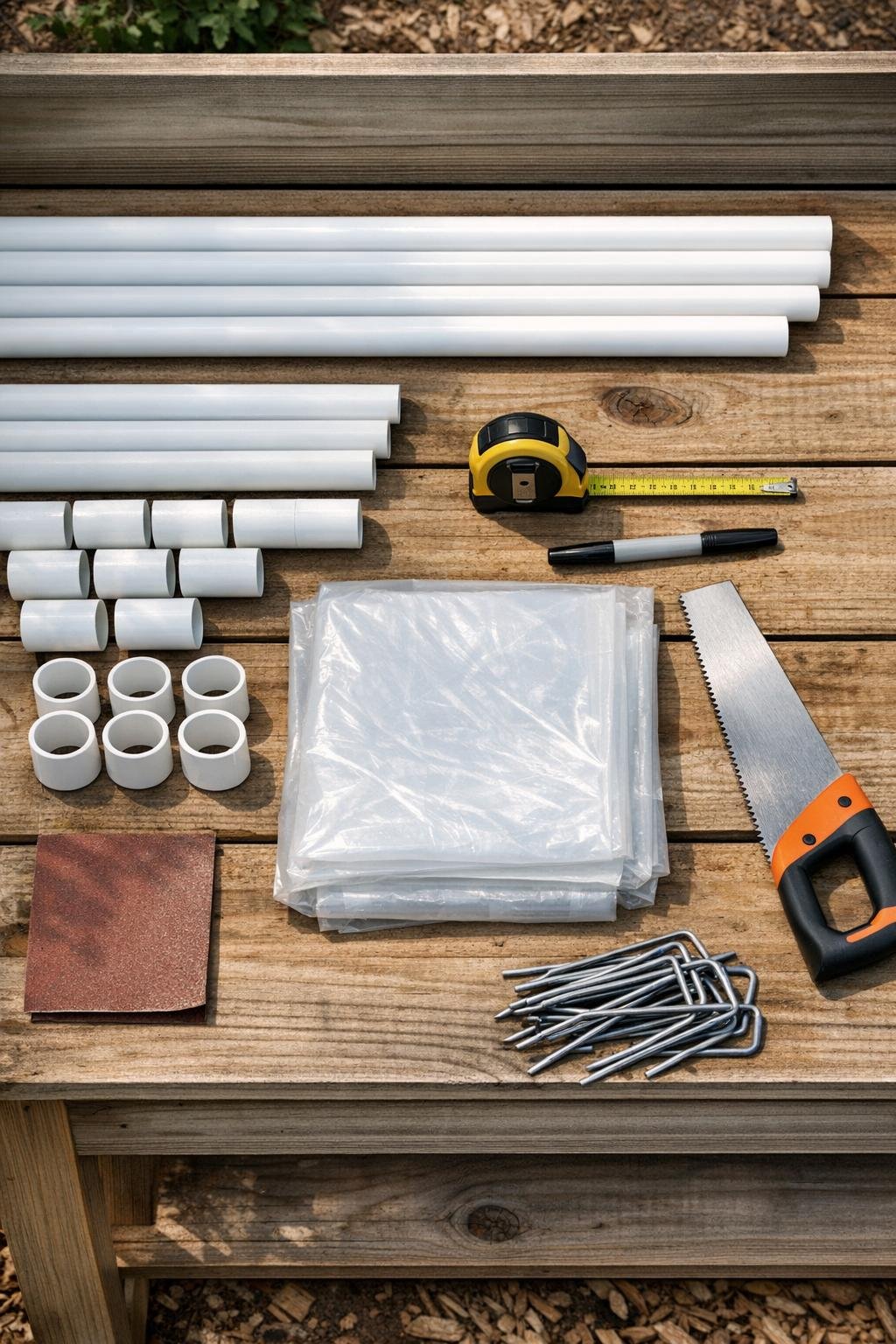 PVC pipe sections, clear plastic drop cloth, and simple cutting and fastening supplies laid out on a potting bench