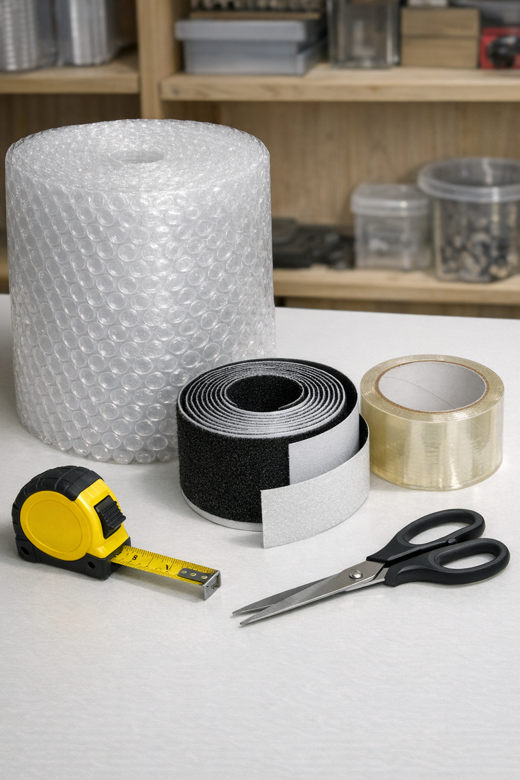 Materials for DIY storm window inserts laid out on a table