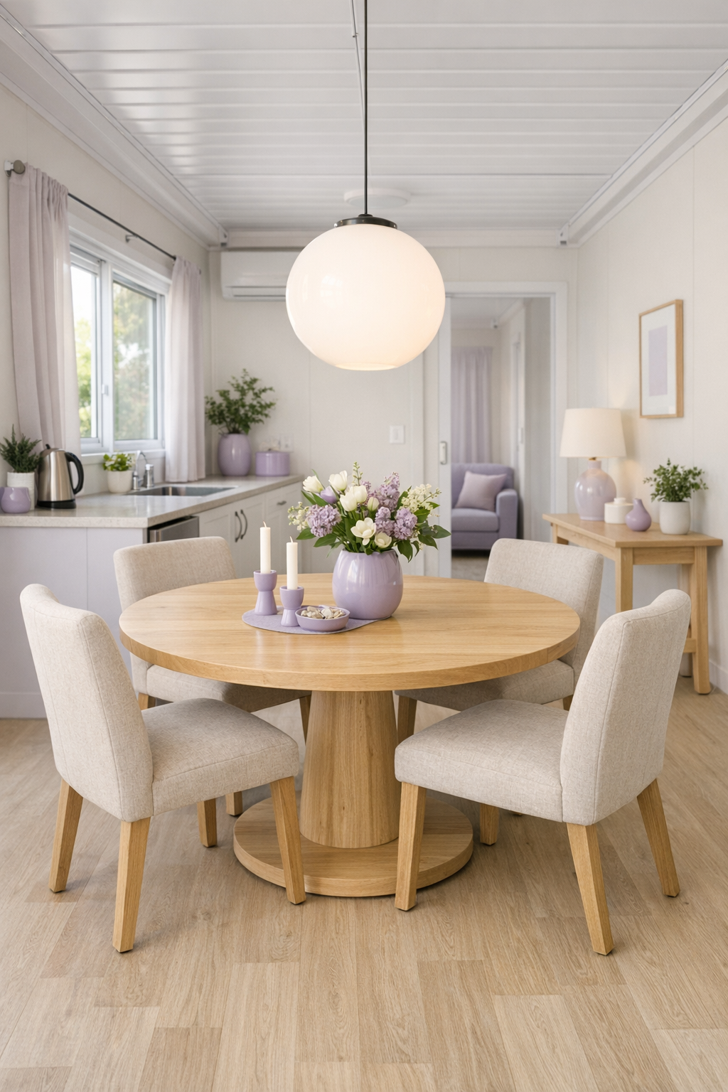 Open dining room with round wood table, upholstered chairs, and soft pastel accents