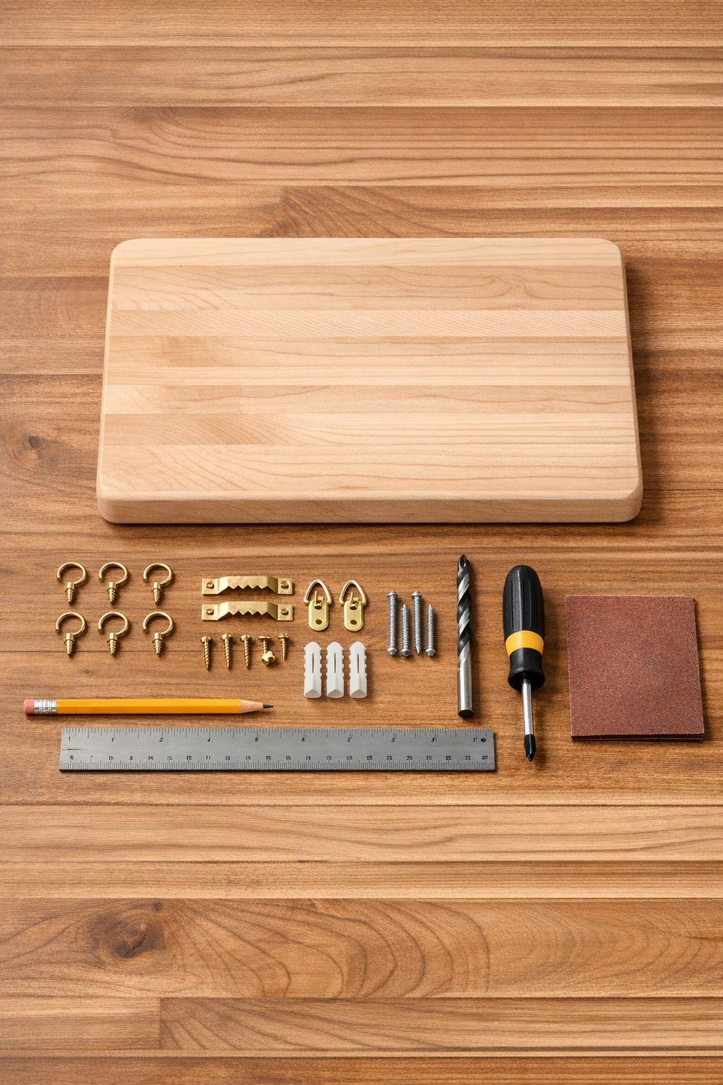 Materials for a cutting board necklace organizer laid out on a table